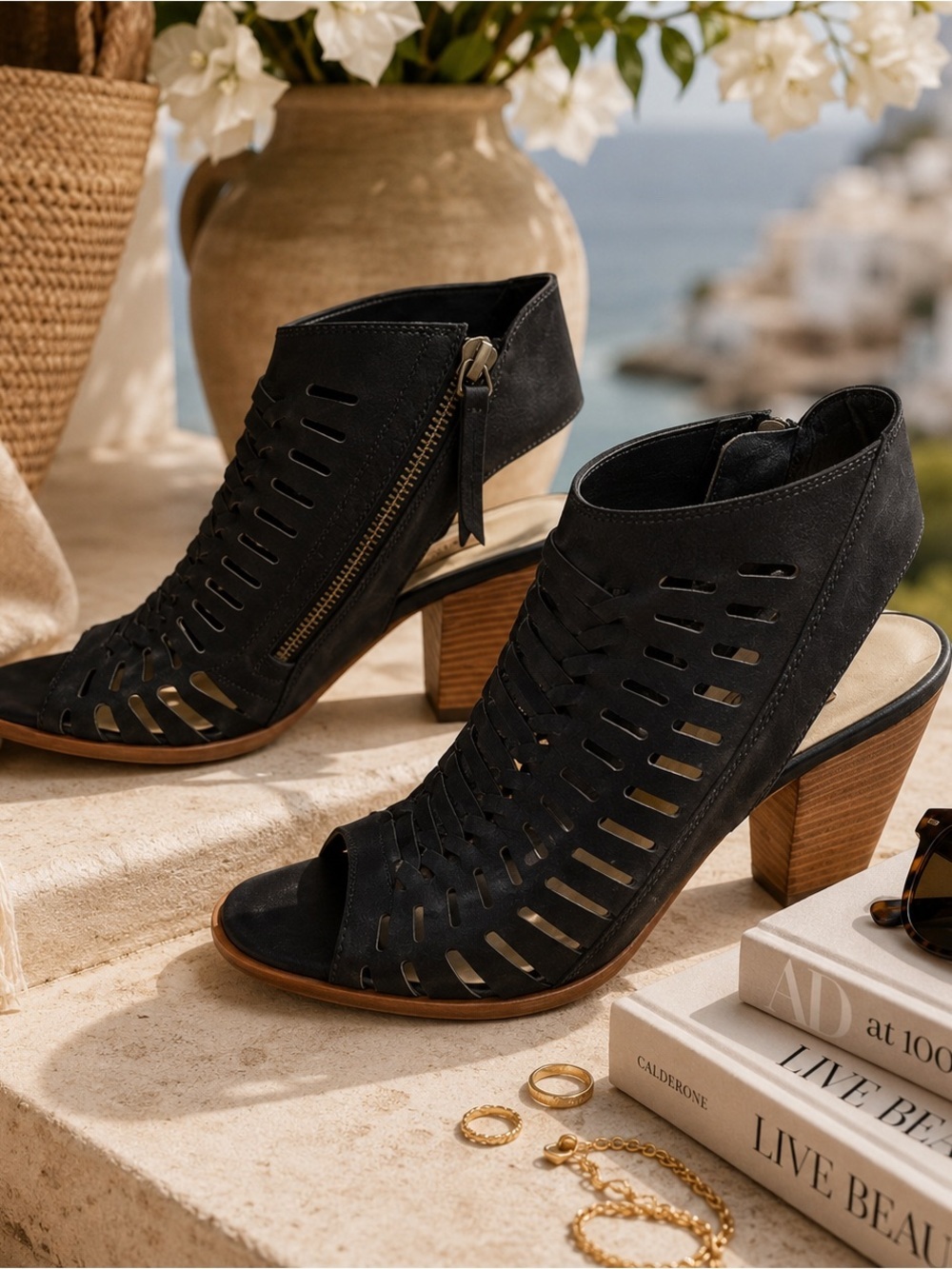 Paul Green Rosa Black Leather Cutout Block Heel Sandals Comfort Size US 9 UK 6.5
